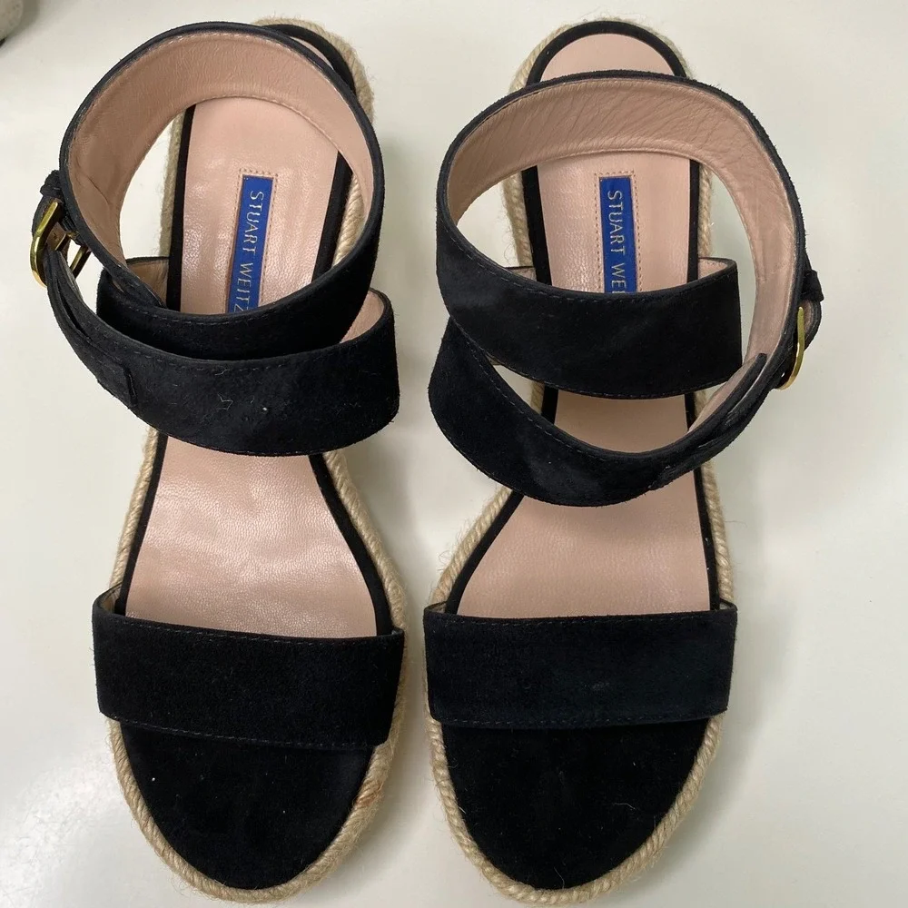 Stuart Weitzman Lexia Espadrille Wedge‎ Sandal Ankle Strap Black Suede Size 8